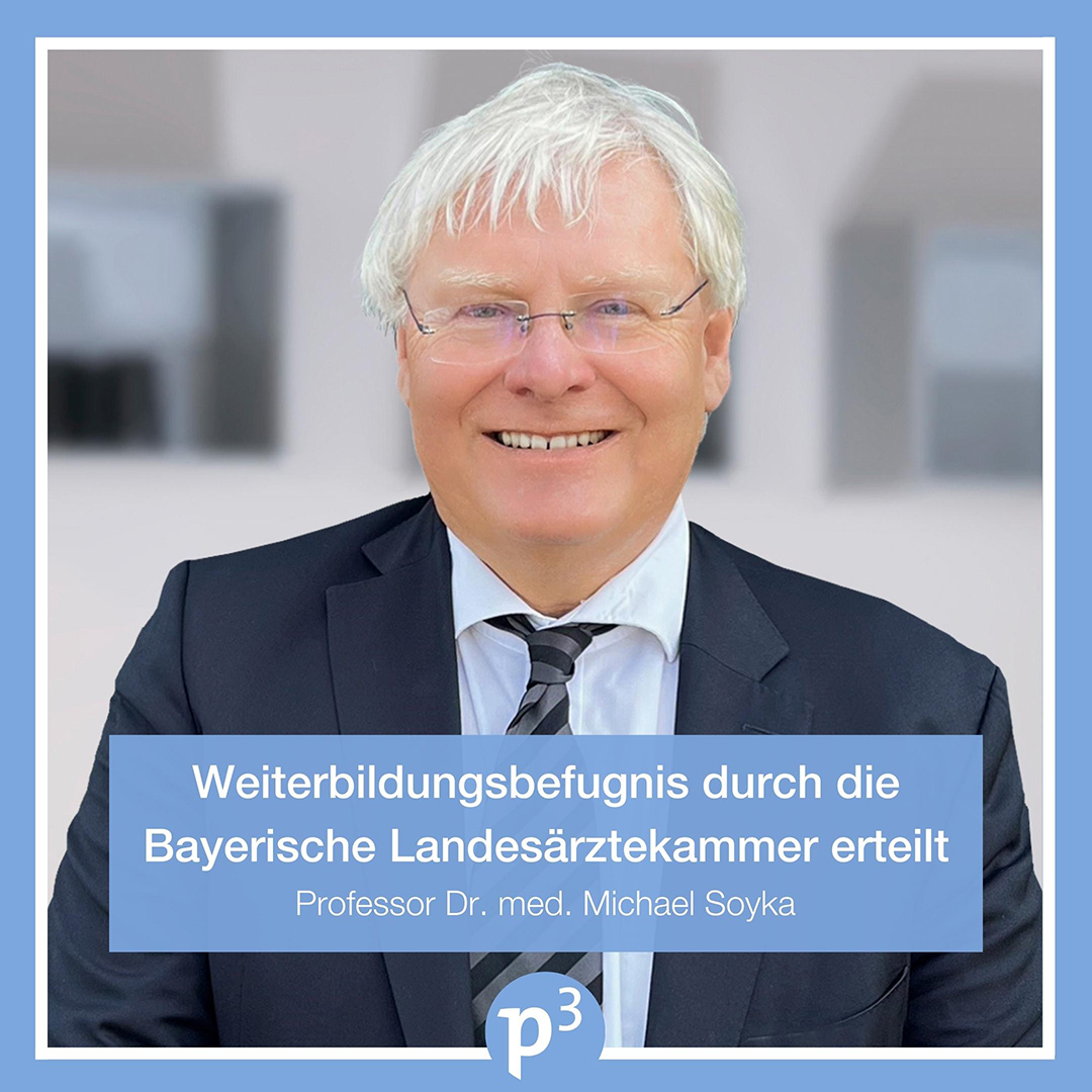 Der P3 Klinik wurde unter Chefarzt Prof. Dr. med. Michael Soyka vom Vorstand der Bayerischen Landesärztekammer erneut die Befugnis zur Weiterbildung zum Facharzt für Psychiatrie und Psychotherapie erteilt.