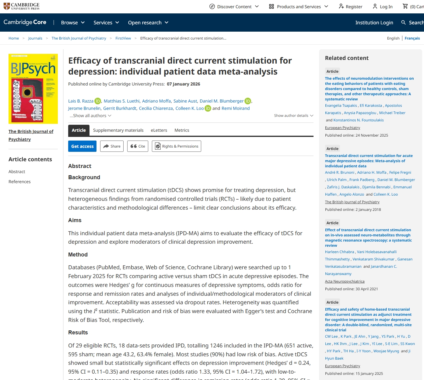 Efficacy of transcranial direct current stimulation for depression: individual patient data meta-analysis